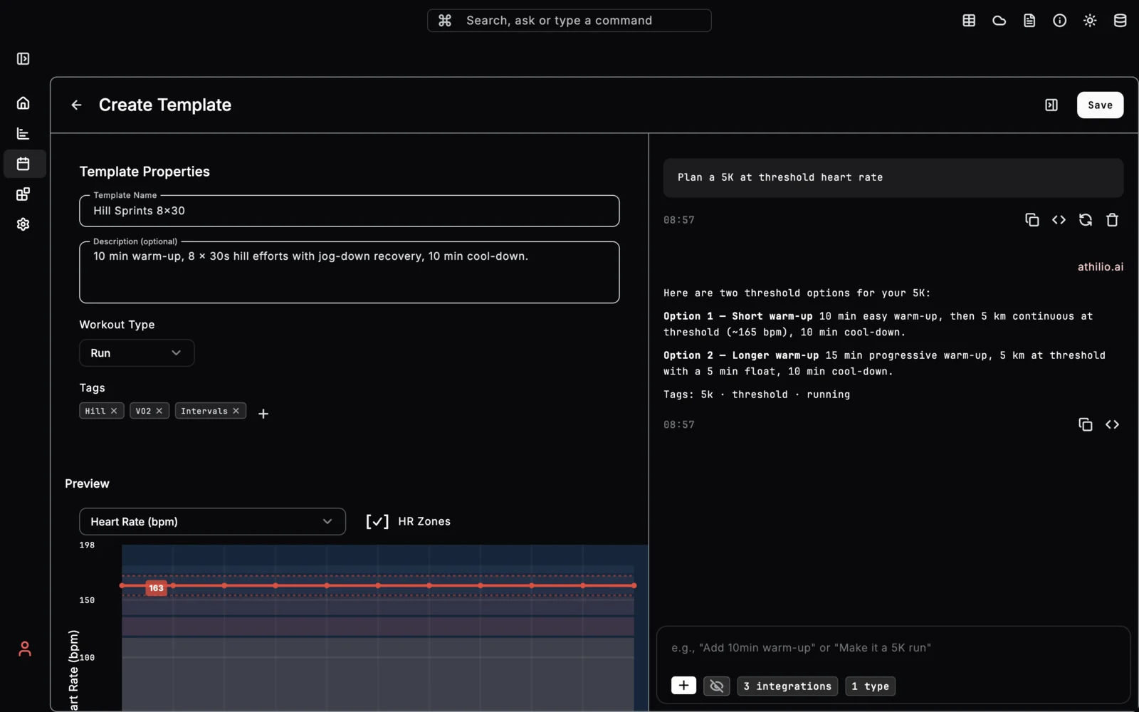 Training session template creation example